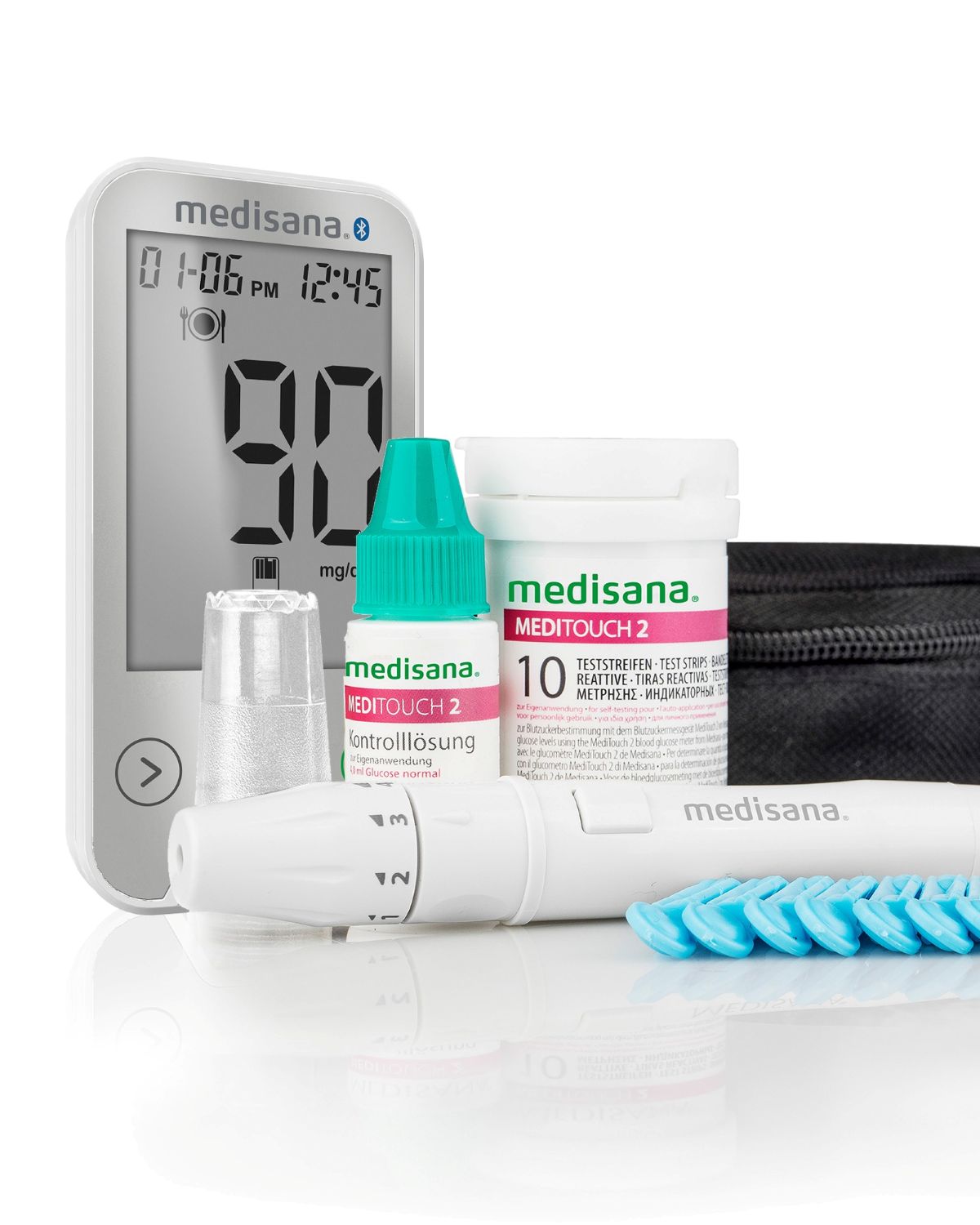 medisana Blutzuckermessgerät mit Teststreifen, Lanzetten und Zubehör als vollständiges Set.